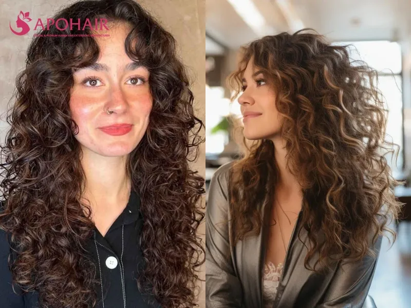 Long curly U-cut with a rounded perimeter and cheekbone-level framing curls
