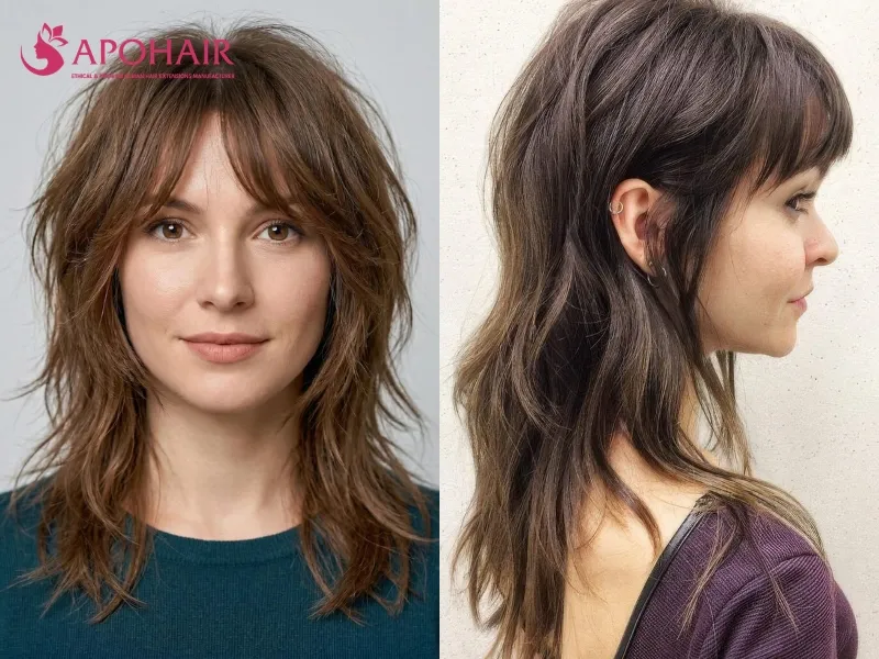Long wolf cut with textured upper layers, tapered sides, and lighter ends