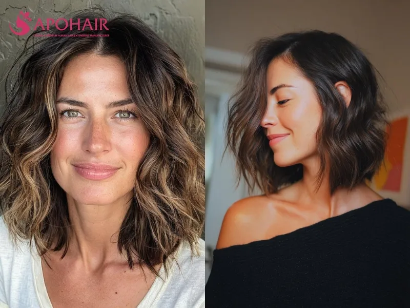 Shoulder-length beach waves styled from a soft off-center part