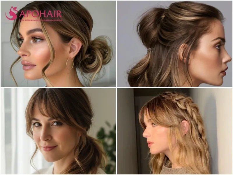Four pulled-back styles including a low bun, half-up waves, side ponytail, and braided half-up style