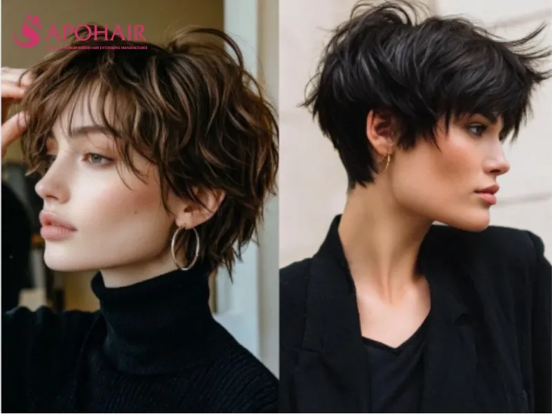 Shaggy pixie with soft layers and a curtain fringe reaching the cheekbones