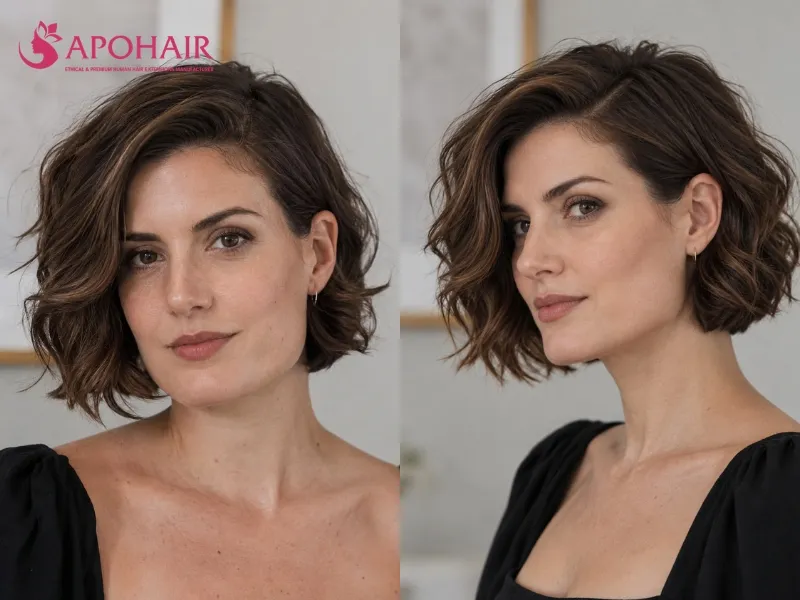 Short wavy bob with an off-center part and a jaw-clearing perimeter