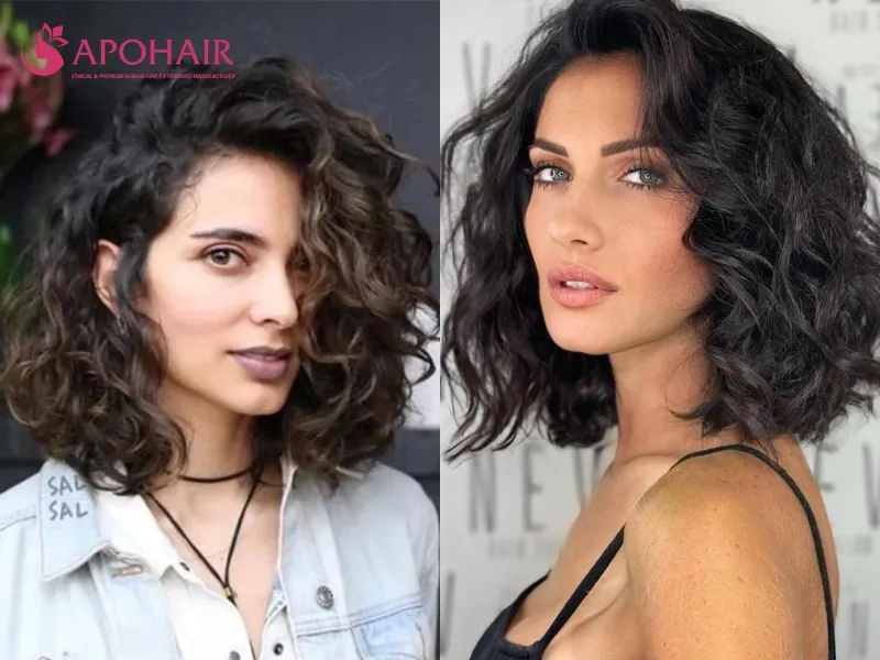 Side-parted curly lob with graduated curls extending below the jaw
