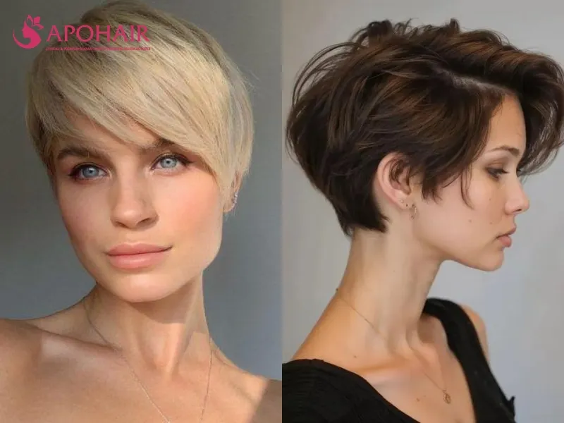 Side-swept pixie with a deep part and diagonal fringe across the forehead