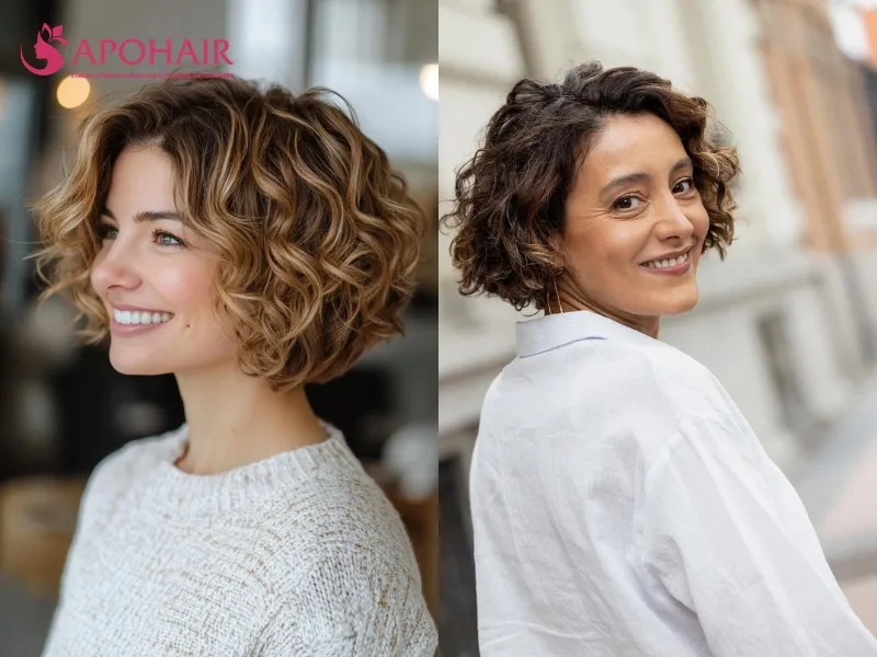 Soft-layered curly bob with an irregular perimeter extending below the jaw