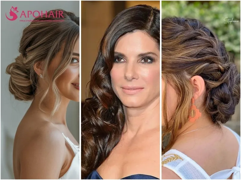 Three formal styles including a romantic chignon, side-swept waves, and soft braided updo