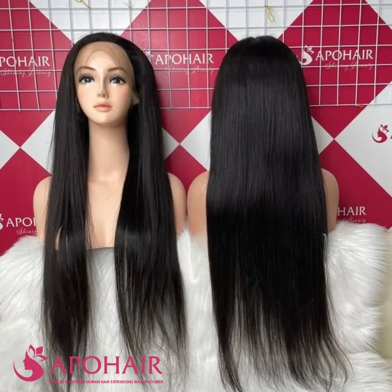 Front and back view of straight natural black lace front human hair wig on mannequin at Apohair