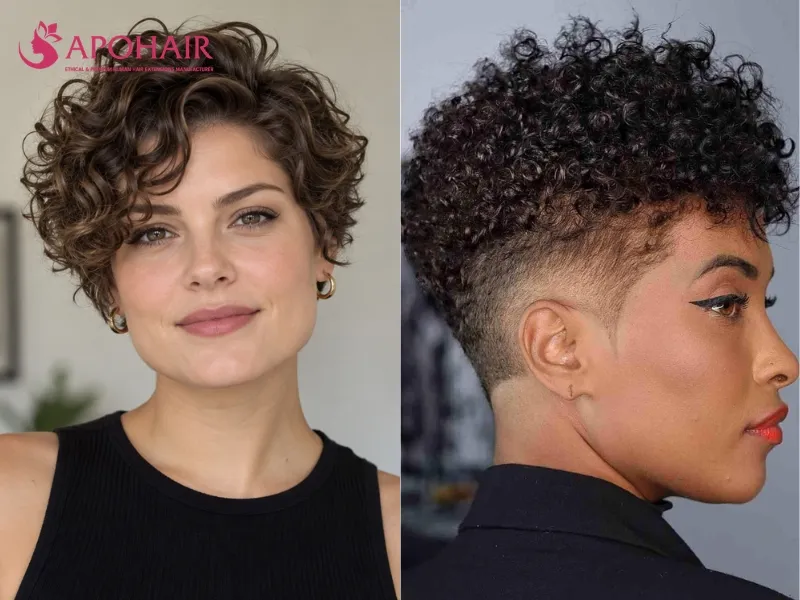 Tapered curly cut with close sides and defined curl volume at the crown