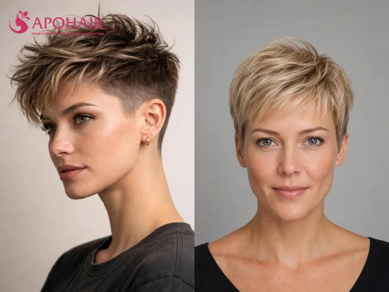 Textured pixie with piecey top layers and closely cropped sides above the jaw
