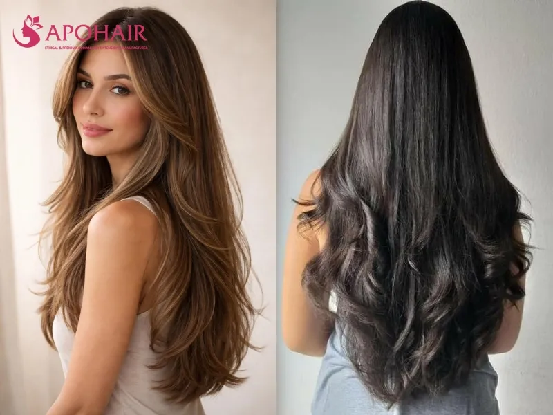Rear view of long V-cut layers forming a soft pointed perimeter
