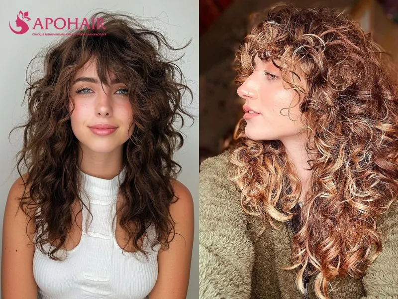 Voluminous curly shag with moderate crown lift and tapered front curls below the jaw