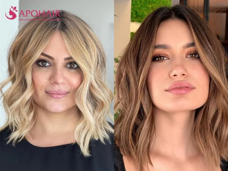 Wavy collarbone lob with loose alternating waves and soft front pieces