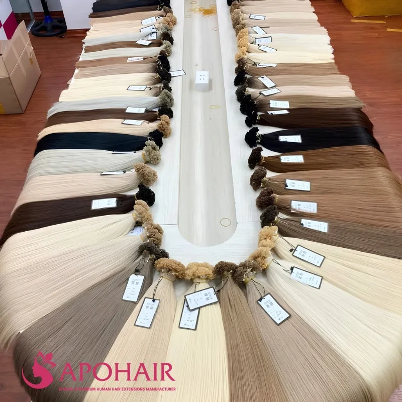 Large collection of wholesale human hair bundles and extensions in various colors at Apohair factory