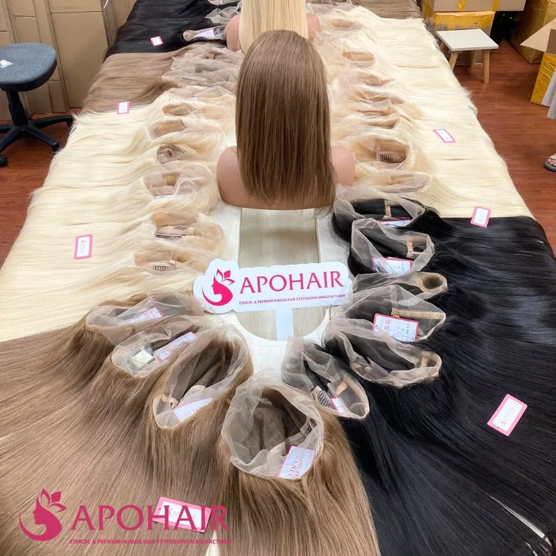 Wholesale straight full lace human hair wigs in blonde, brown, and black colors displayed at Apohair factory