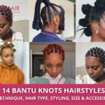 Collage of six Bantu knots hairstyles on women with different techniques