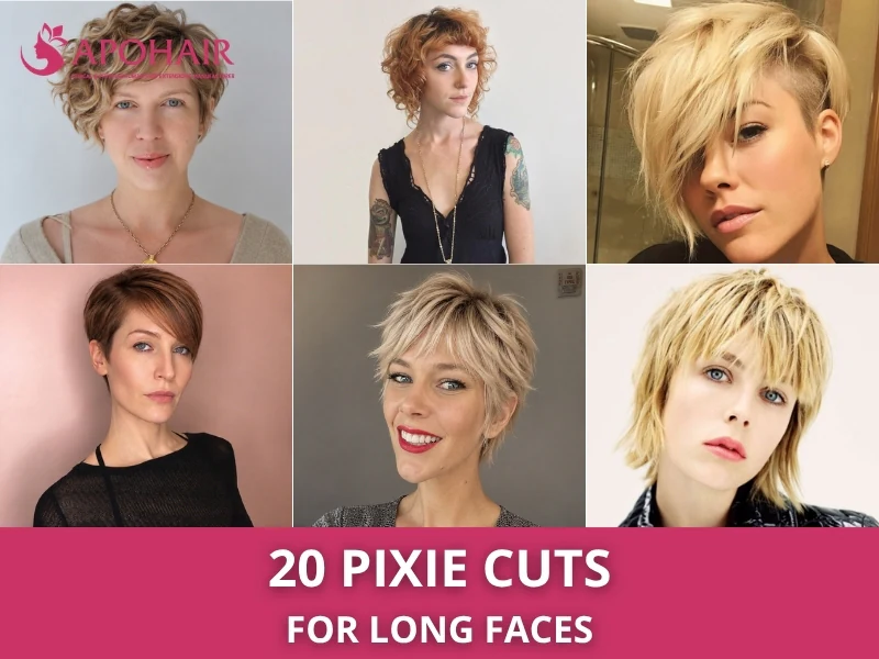 Collage of six pixie cut hairstyles on models with long faces