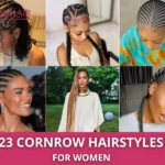 Collage of six cornrow hairstyles on women with different braid patterns