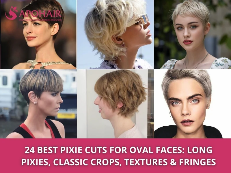 Collage of six pixie cut hairstyles on women with oval faces