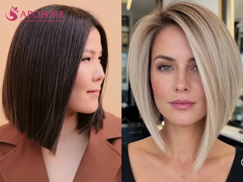 A-line bob shorter at the nape with front points below the chin