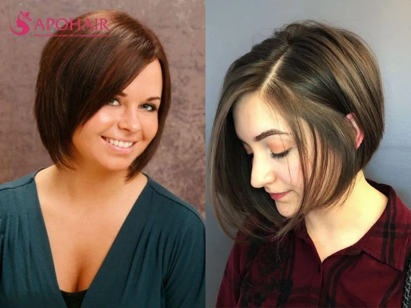 Asymmetrical bob with a sharp perimeter sloping from short to long