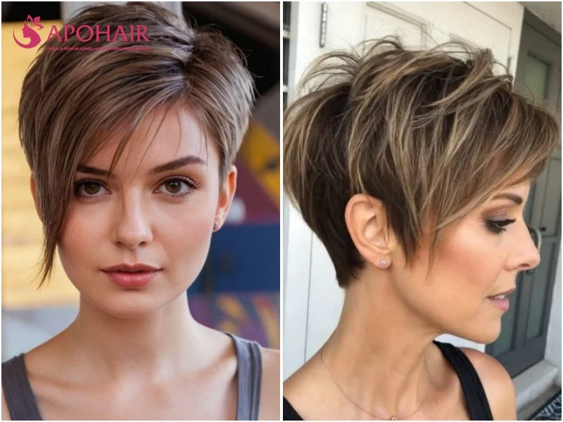 Asymmetrical pixie with one short side and one longer swept side