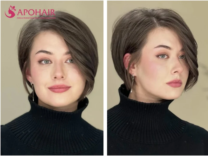 Asymmetrical pixie with one side clearly longer, curving toward the jaw