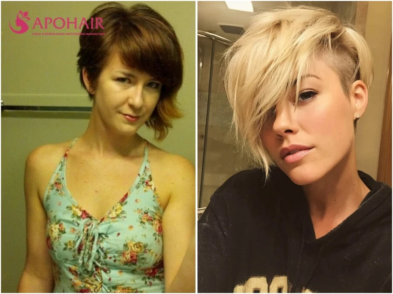 Asymmetrical pixie with one side noticeably longer than the other