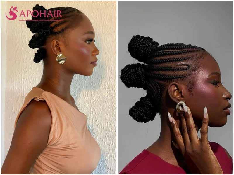 Bantu knot fauxhawk with knots forming a raised ridge down the center