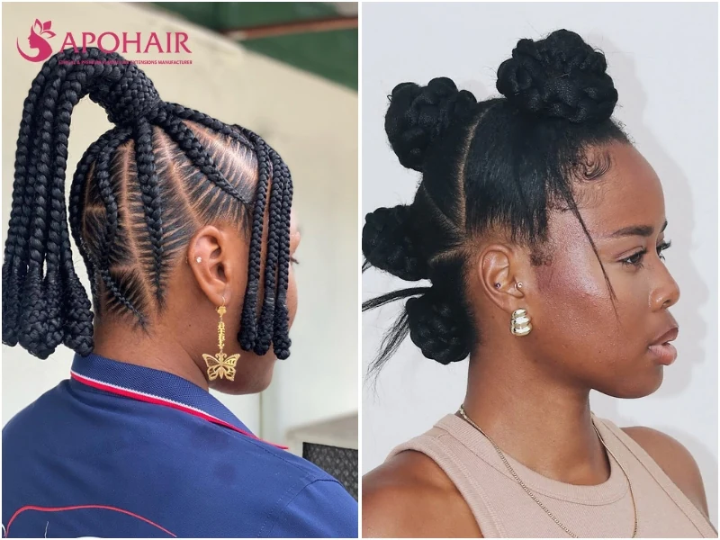 Bantu knot updo with knots gathered high at the crown