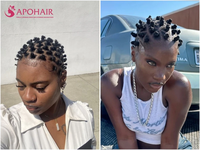 Bantu knots on short hair with many small knots packed close together