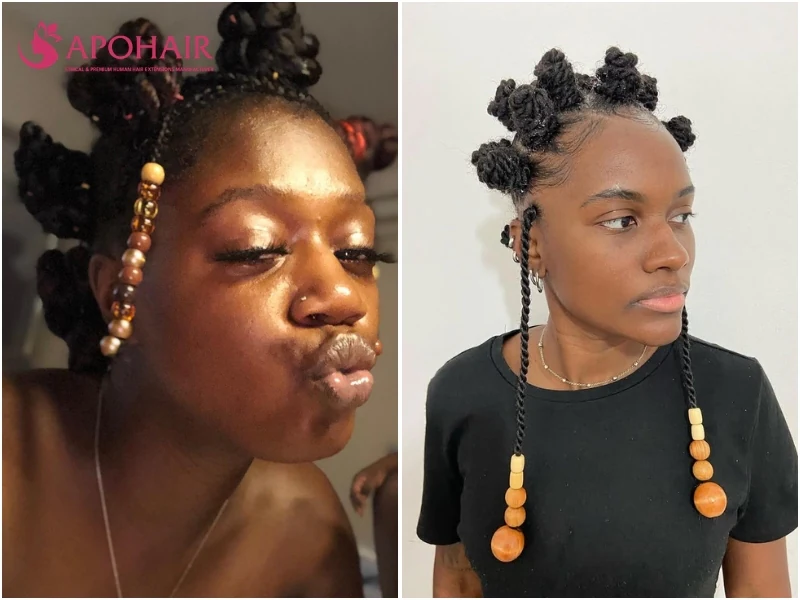 Bantu knots with beaded strands hanging near the face