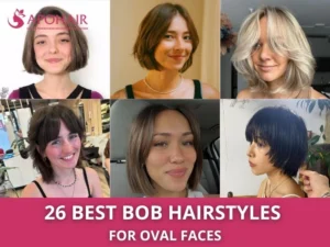 Collage of six bob hairstyles on models with oval faces