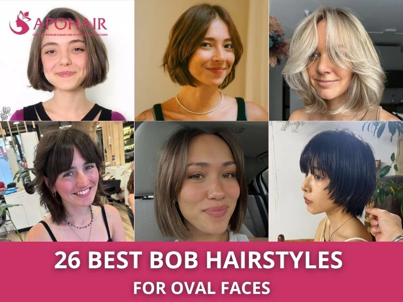 Collage of six bob hairstyles on models with oval faces