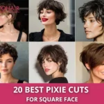 Collage of six pixie hairstyles on models with square faces