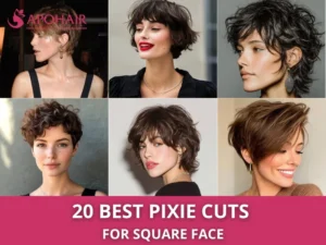 Collage of six pixie hairstyles on models with square faces