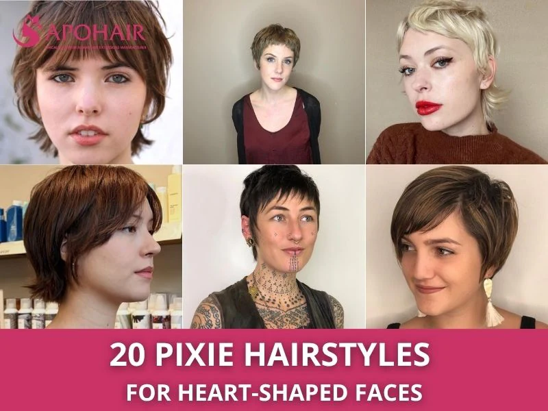 Collage of six pixie hairstyles on models with heart-shaped faces