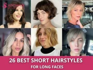 Collage of six short hairstyles on models with long faces