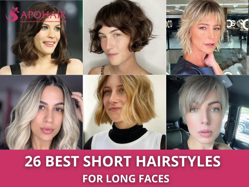 Collage of six short hairstyles on models with long faces