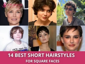 Collage of six short hairstyles on models with square faces