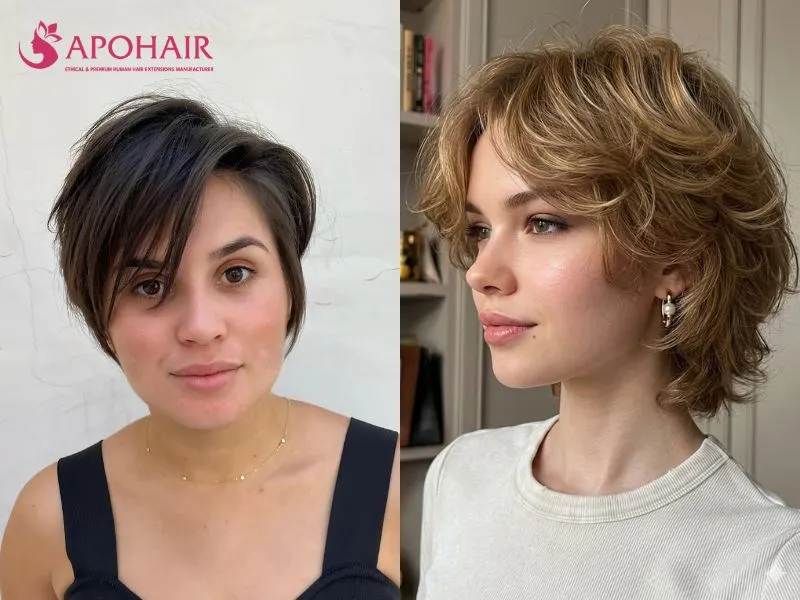 Layered bixie with crown volume and tapered pieces extending past the cheekbones
