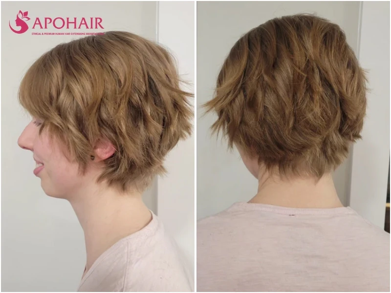 Bixie blending a pixie crown with bob-length sides reaching the jaw
