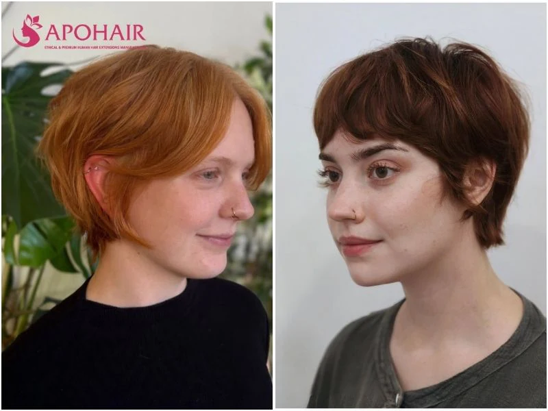 Bixie with a short pixie top and longer sides reaching toward the jaw