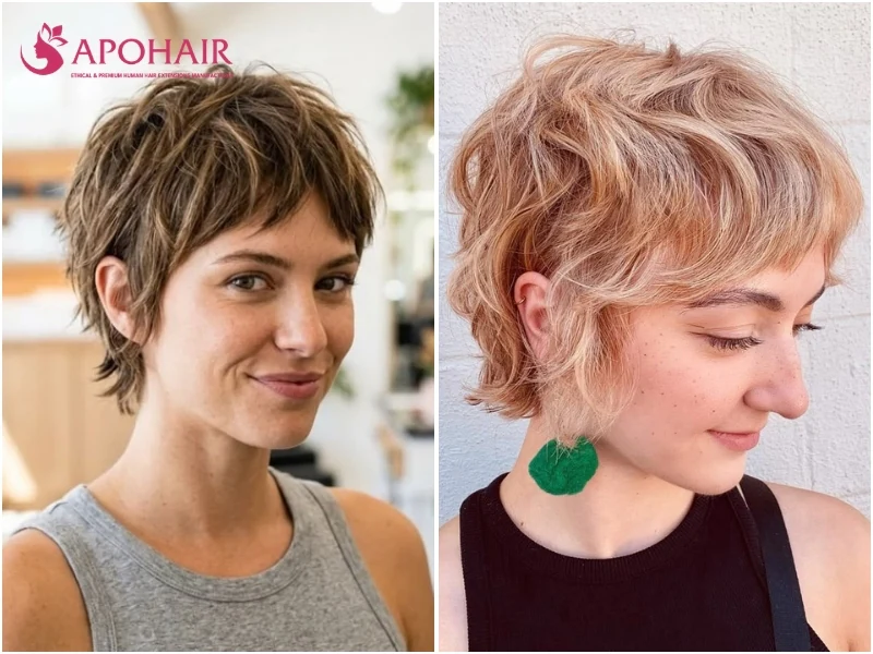 Bixie with a layered pixie top and longer sides falling around the cheekbones