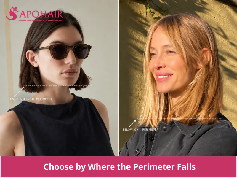 Diagram comparing a bob perimeter set at the jaw versus below the chin