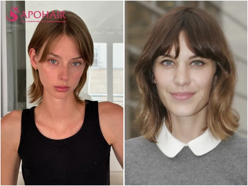 Bob with curtain bangs curving out to the cheekbones, on Alexa Chung and another example