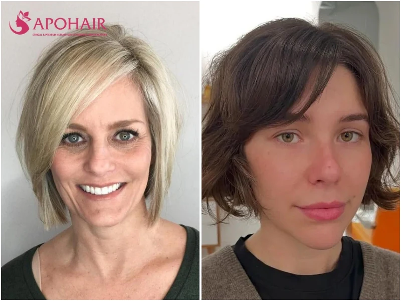 Bob with a long side-swept fringe falling diagonally over the forehead