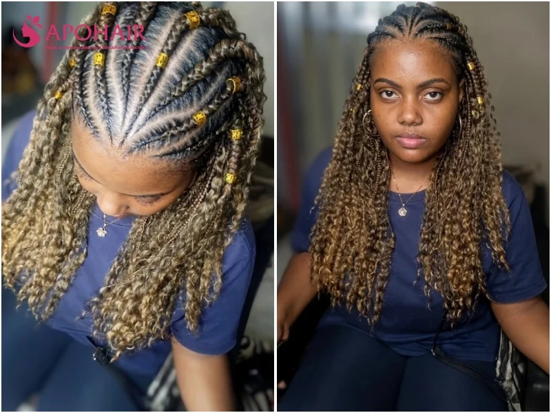 Boho Fulani braids with curly strands along every braid and gold cuffs
