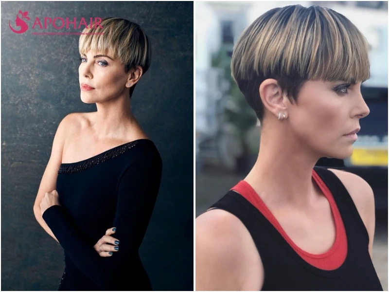 Charlize Theron wearing a bowl pixie with one rounded line above the brows