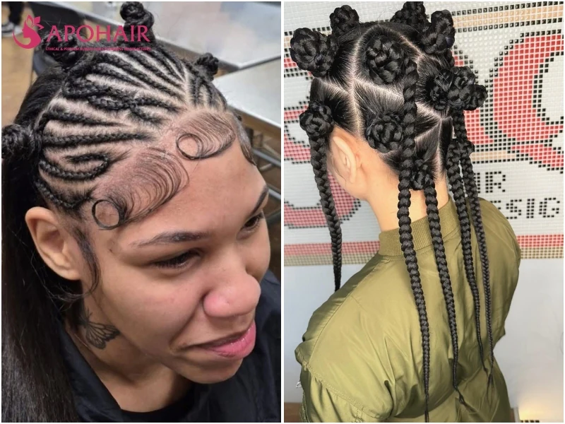 Braided Bantu knots with a woven, rope-like surface and box braid ends hanging down