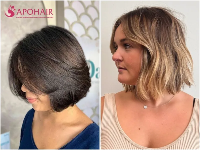 Two butterfly bobs with shorter face-framing layers and longer bases